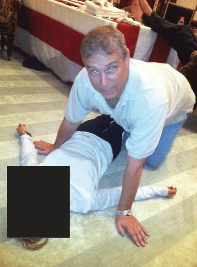 A disturbing image from the Epstein files shows Andrew Mountbatten-Windsor crouching on all fours over a female lying on the floor