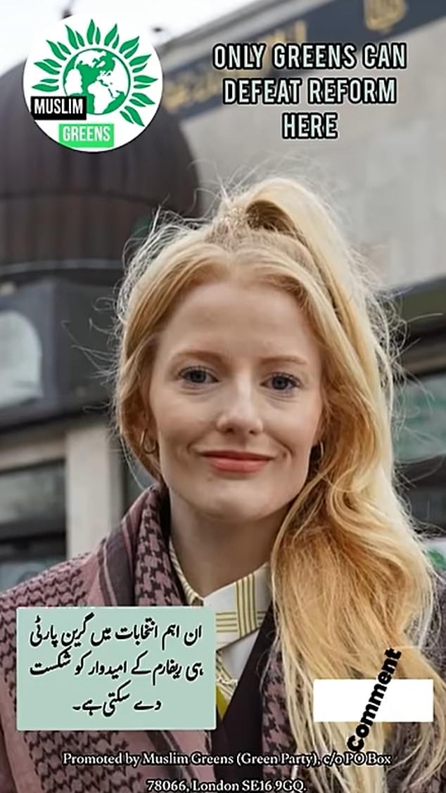 Green campaign literature includes Urdu translations of messages including this one insisting it is the only party that can beat Reform UK