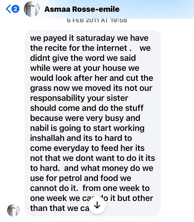 Pictured: A screenshot of a message from Kirsty Rosse-Emile to her housemate, saying the dog isn't her responsibility anymore because she moved out, while her housemate was overseas