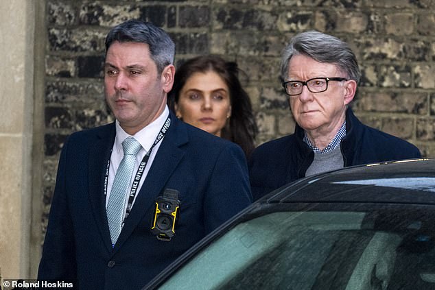 Three officers turned up in two unmarked vehicles at Mandelson's address in Regent's Park, north-west London at around 4:15pm