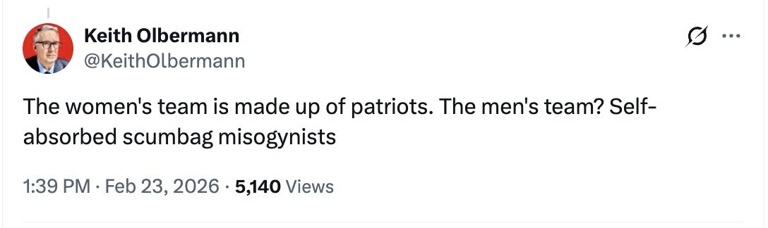 Tweet from Keith Olbermann discussing contrasting views on women's and men's sports teams, highlighting themes of patriotism and misogyny.