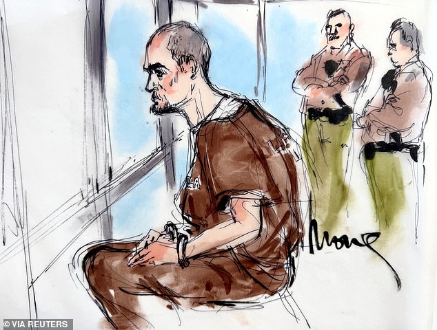 A courtroom sketch shows a stoic Nick Reiner in brown jail garb during a January 7 court appearance