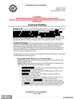 The heavily-redacted memo shows that authorities in New York opened the investigation into nearly $50 million in suspicious wire transfers Epstein and 14 other targets made starting on December 17, 2010