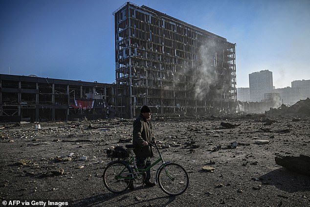 Richard felt the windows in his room shake as Kyiv's Retroville shopping centre ¿ several miles away from where he was staying ¿ was destroyed by a missile strike, pictured