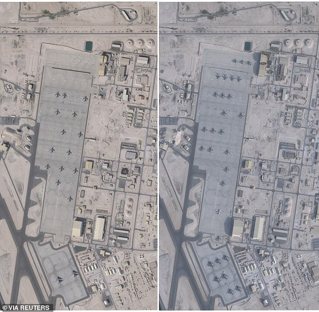 A combination of satellite images shows an increase in the number of aircraft at the Al Udeid Air Base, near Doha, Qatar, comparing January 17 and February 1