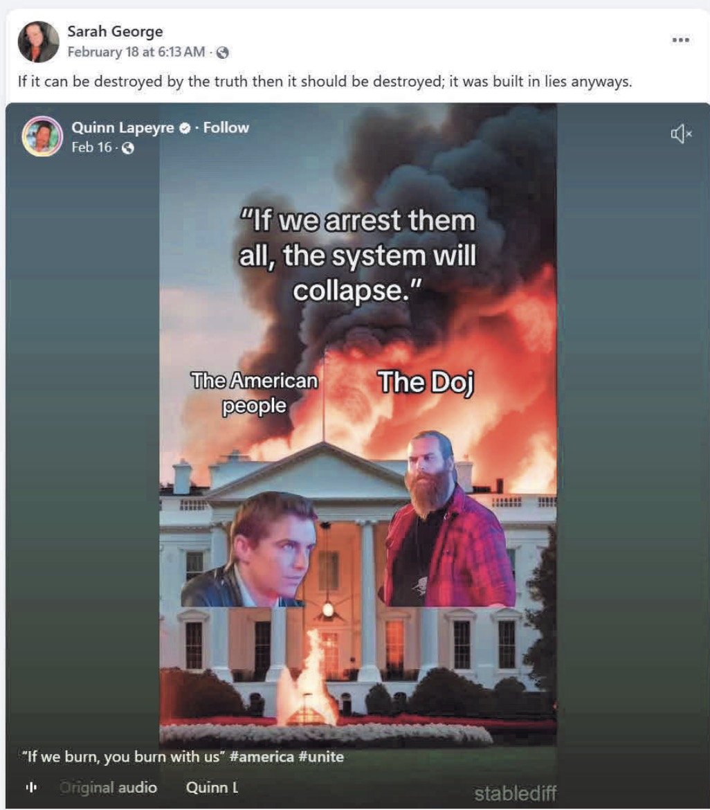 Graphic depicting a fiery scene at the White House, featuring text that comments on the American justice system and the relationship between the people and the DOJ.