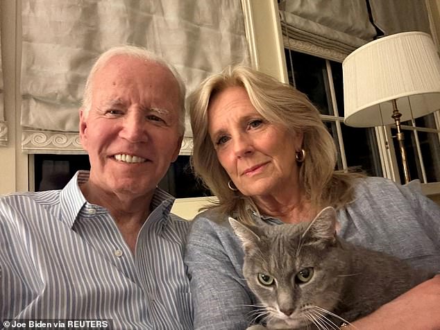 Former President Joe Biden (left) and First Lady Jill Biden (right), with cat Willow, in a photo they shared after Biden's office announced that he was battling Stage 4 prostate cancer in May 2025