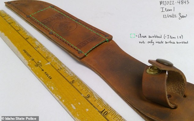Kernodle likely interrupted Kohberger's attack, causing him to drop this brown leather Ka-Bar knife sheath on Mogen's bed as he chased her