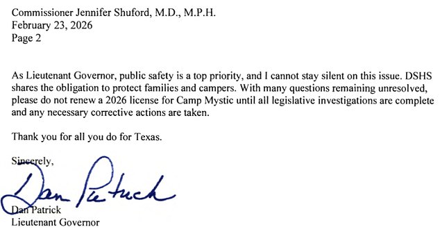 On Monday, Texas Lt. Gov. Dan Patrick sent a letter urging DSHS not to renew Camp Mystic's license for the 2026 summer season