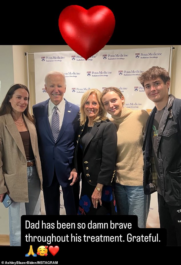 Ashley Biden (left) posted a picture in October of (from second left) former President Joe Biden, former First Lady Jill Biden, granddaughter Finnegan and grandson Hunter, as the former President wrapped up his radiation treatment for cancer in Philadelphia