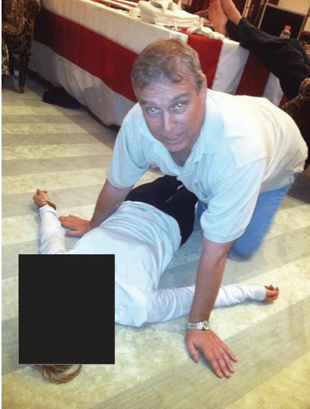 Andrew Mountbatten-Windsor pictured in the Epstein files, kneeling over a woman lying on the floor