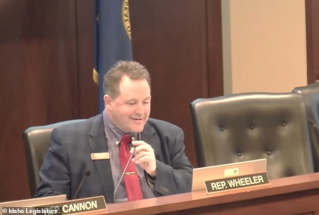 Representative Josh Wheeler, pictured above, was seen holding in laughter as Pettinger spoke. He later told the Idaho Statesman it was because he was uncomfortable