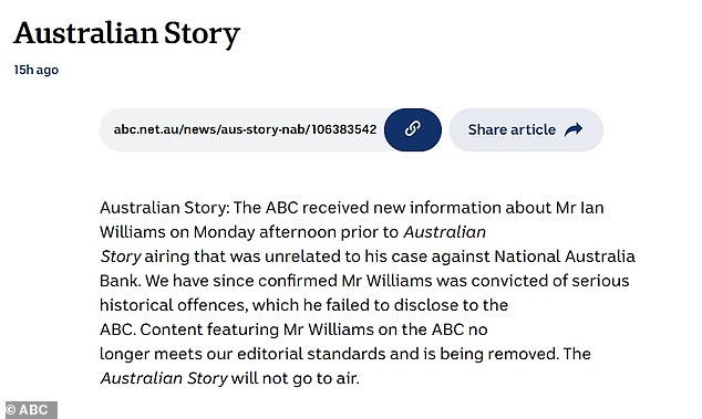 An Australian Story episode about his battle was due to air on Monday but was spiked after producers were told Williams had been 'convicted of serious historical offences'