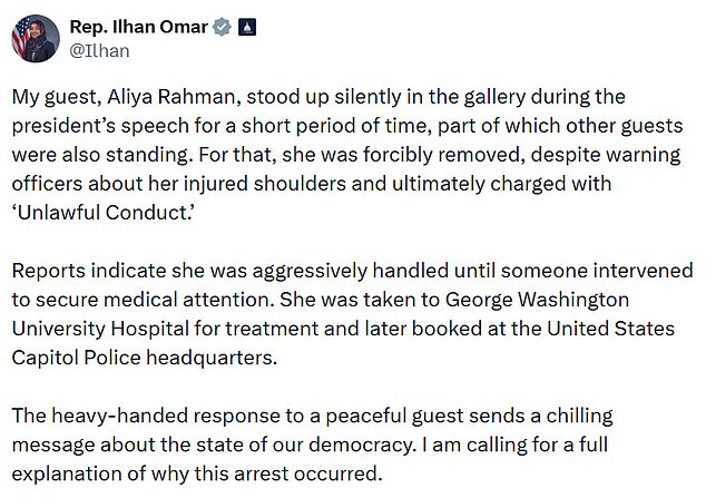 Omar called for an investigation into her constituent's arrest on X