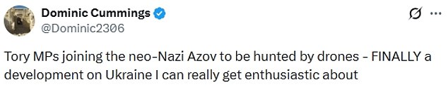 Resharing a picture of Mr Campbell alongside Mr Lopresti in full military gear, he wrote: 'FINALLY a development on Ukraine I can really get enthusiastic about.'