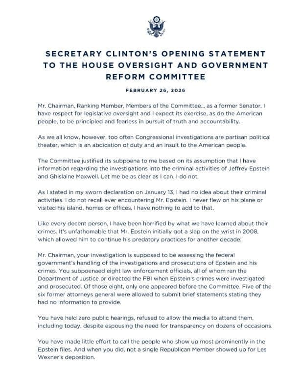 READ IT HERE: Hillary Clinton Releases Opening Statement For Closed-Door Epstein Deposition