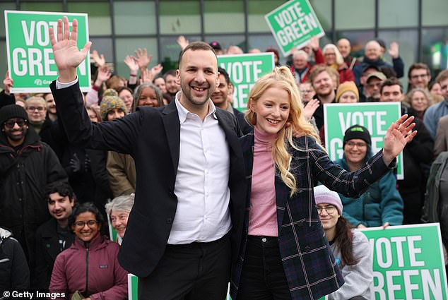 Zack Polanski and Gorton and Denton Green Party candidate Hannah Spencer pose for a picture on January 30