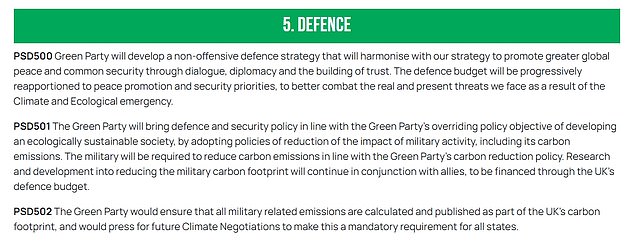 The Green's official ¿non-offensive defence strategy¿ says the party would ¿progressively reapportion¿ the defence budget and respond to any attack on Britain with a ¿proportional and legal response¿