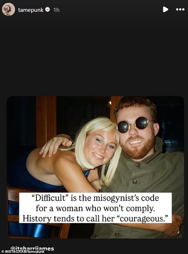 Grace Tame reposted a supportive message from sex abuse survivor and advocate Harrison James