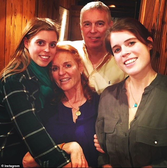 Epstein instructed his staff to book the former duchess (centre, with her ex-husband Andrew Mountbatten-Windsor, back) on business while Eugenie (right), and Beatrice (left), aged 19 and 21 at the time, should travel via economy or premium economy