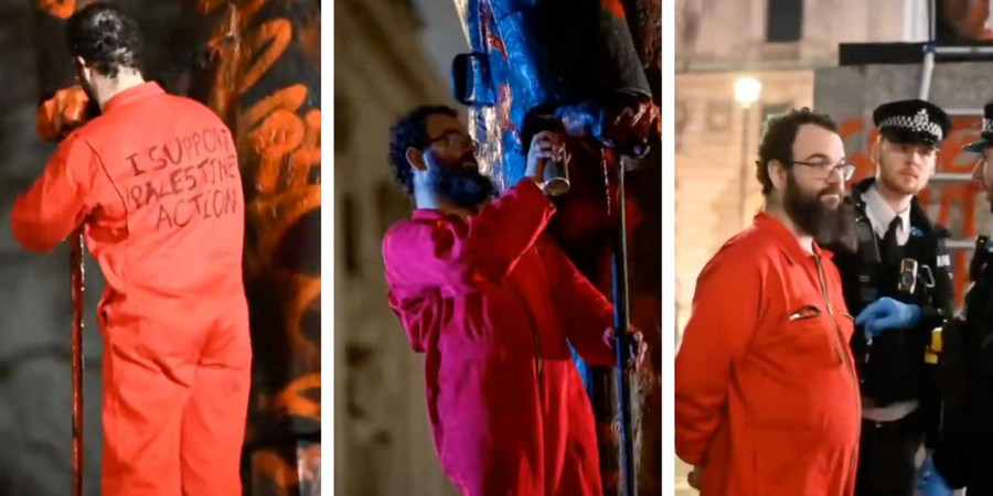 Man wearing 'I Support Palestine Action' jumpsuit arrested for vandalizing London statue of Winston Churchill