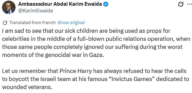 Palestinian diplomat Abdal Karim Ewaida shared the picture above in a tweet that was highly critical of Meghan and Harry's trip to Jordan, accusing them of using 'sick people as props'