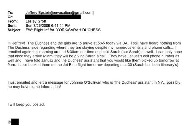 A series of emails show staff scrambling to meet the ex-duchess's requests for the July 2009 visit. Pictured: Email to Epstein from his house manager Lesley Groff about the flight arrangements