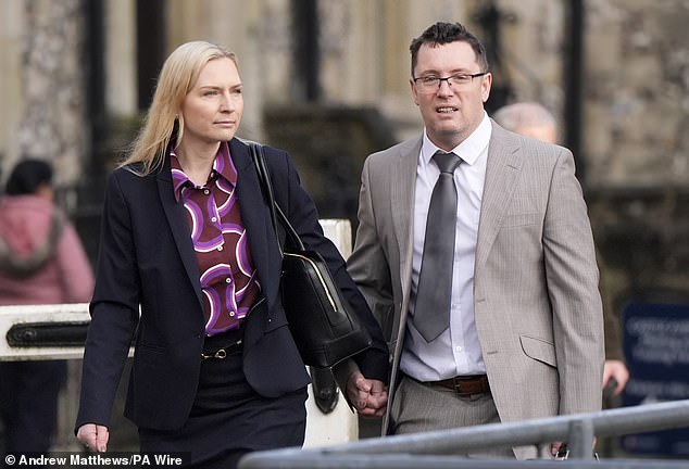 Trybus and wife Bea pictured outside Winchester Crown Court on February 25, 2026