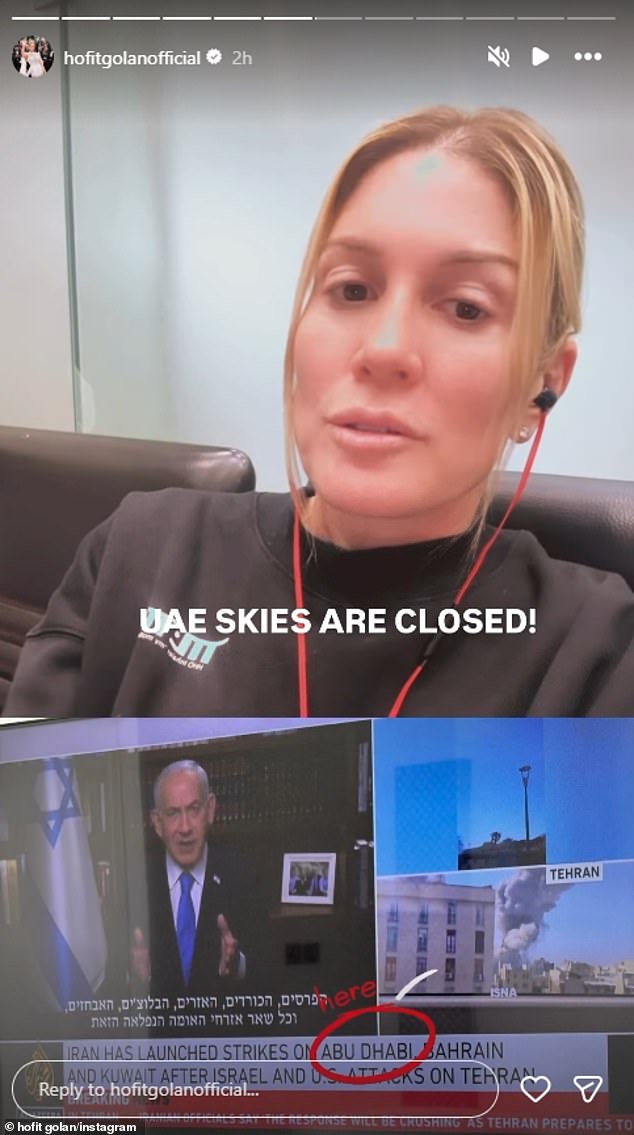 Israeli socialite Hofit Golan (pictured) and British TV stars Vicky Pattison and Laura Anderson are among the celebrities and influencers currently caught up in the Iranian missile strikes on Dubai's famous Palm Jumeirah