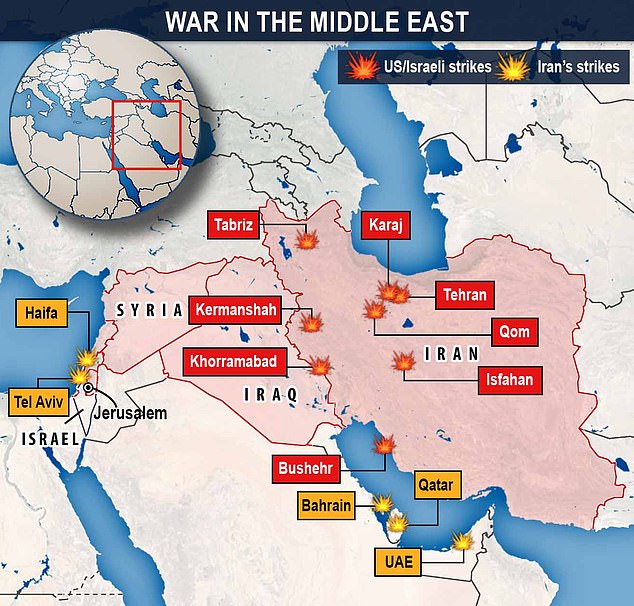 This map charts the US and Israel's strikes on Iranian targets in red and Iran's retaliatory strikes in Israel, Qatar the United Arab Emirates and Bahrain in orange