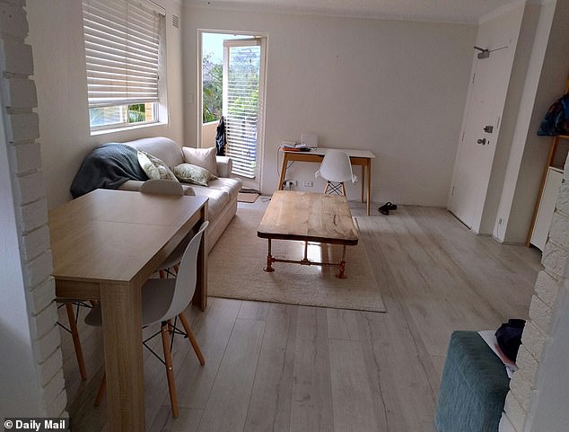 My two bedroom, one bathroom shoebox apartment (pictured) is just 59 square metres but comes at an eyewatering cost of $900 a week.