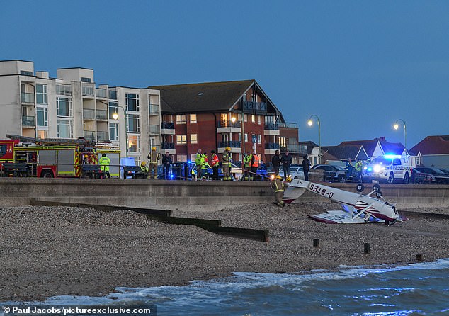 Witnesses saw the plane (pictured) flying unusually low before hitting the surf with a loud crash, as bystanders rushed to help and pulled the pilot out of the waves onto the rocks. Pictured: Emergency services at the scene