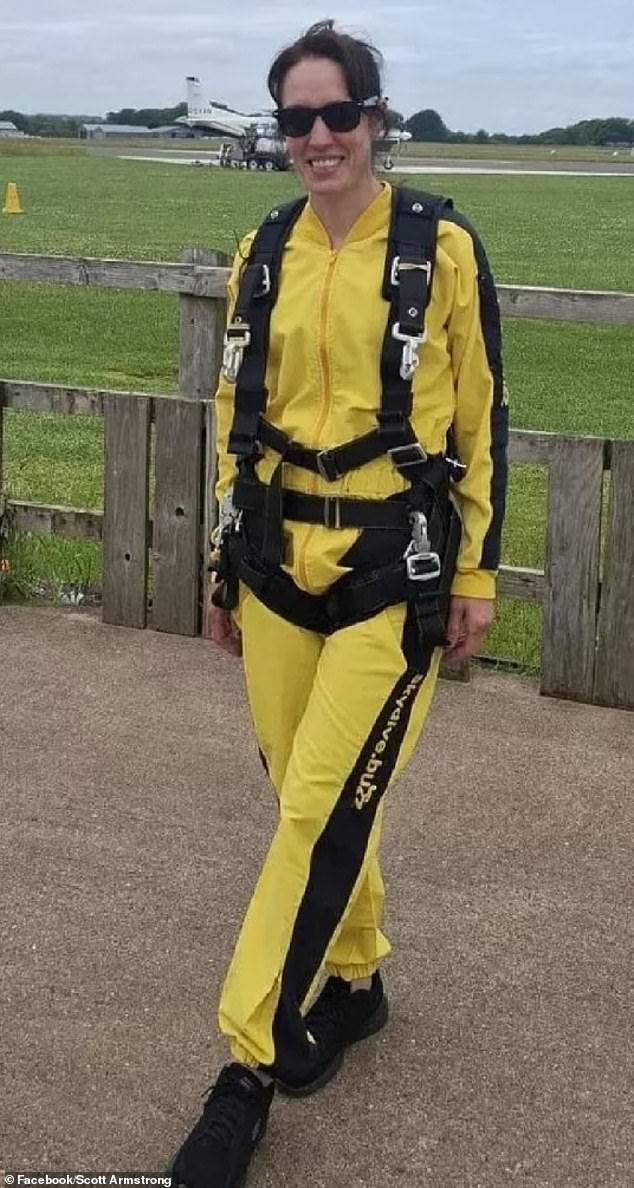 Belinda Taylor (pictured), 48, and her skydiving instructor Adam Harrison, 30, both died in a tandem jump from 15,000ft at the same airfield