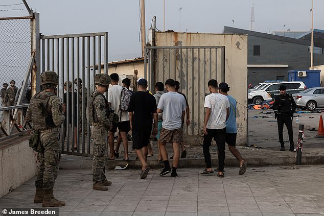 Migrants are led away through a gate as Spanish troops stand guard armed with rifles