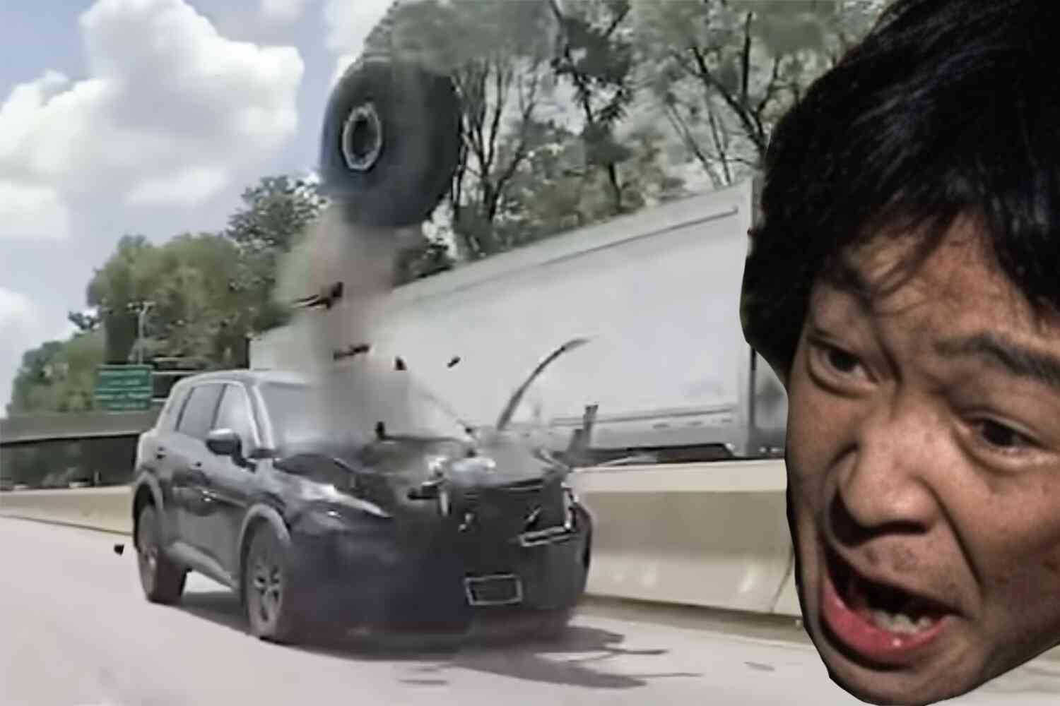Here's what happens when a rogue tire slams into your car on the freeway