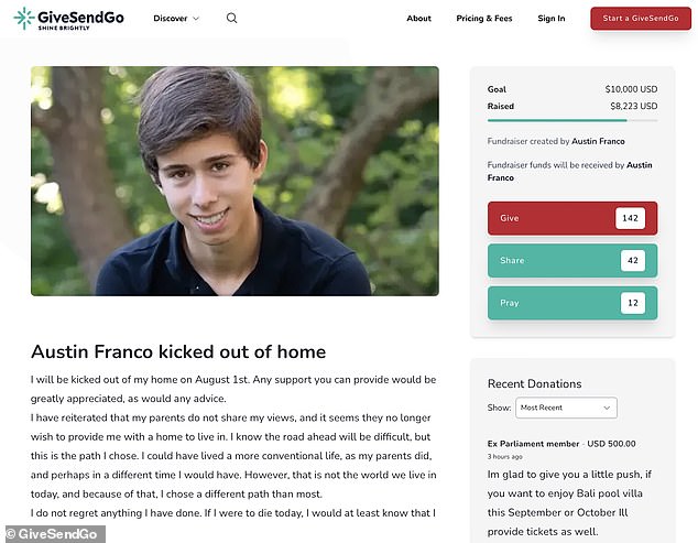 The GiveSendGo fundraiser to fund Franco's living situation has already amassed more than $8,200 in donations. His top donor, self-identified as an 'ex Parliament member,' contributed $500 to the campaign and offered to pay for him to take a trip to Bali this autumn