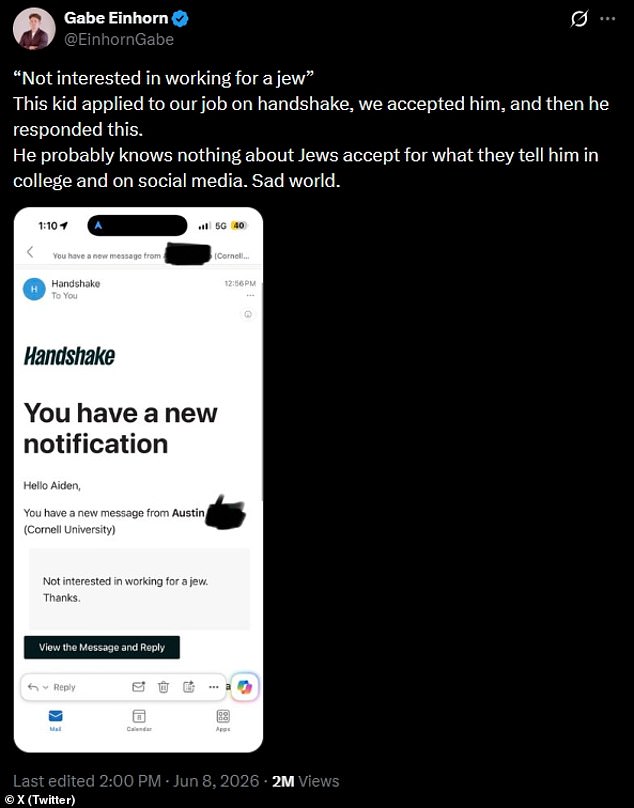 Gabe Einhorn, the chief executive of VryfID, shared correspondence he had with Franco on X in June, writing: 'This kid applied to our job, we accepted him, and then he responded [with] this'