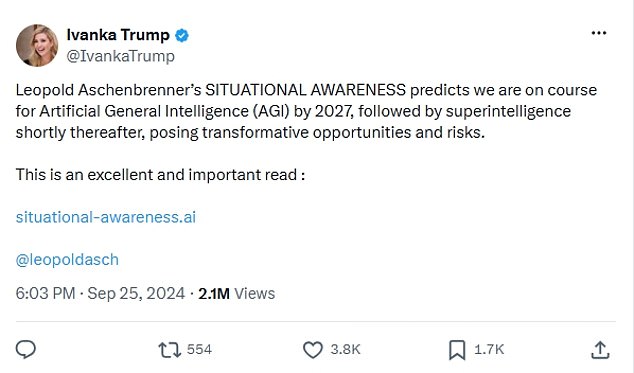 Aschenbrenner's 2024 essay gained praise from the President's daughter, Ivanka Trump, in the X post shown above, while any critics and skeptics were promptly silenced by the success of his hedge fund, Situational Awareness, which accrued $45 billion in just two years