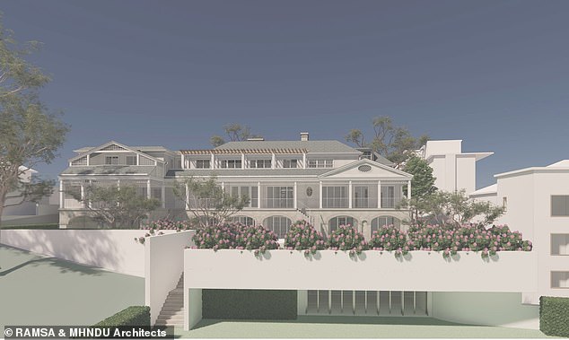 The plans, first lodged in August 2024, sought to knock down all three dwellings and build in their place a nearly 12m tall multi-storey mansion featuring eight bedrooms, a home cinema, tennis court and wellness centre. (Pictured: An artist's impression of the dwelling)