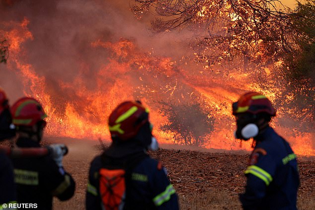Firefighters are seen battling bright orange flames caused by a wildfire near the village Agia Paraskevi, Greece