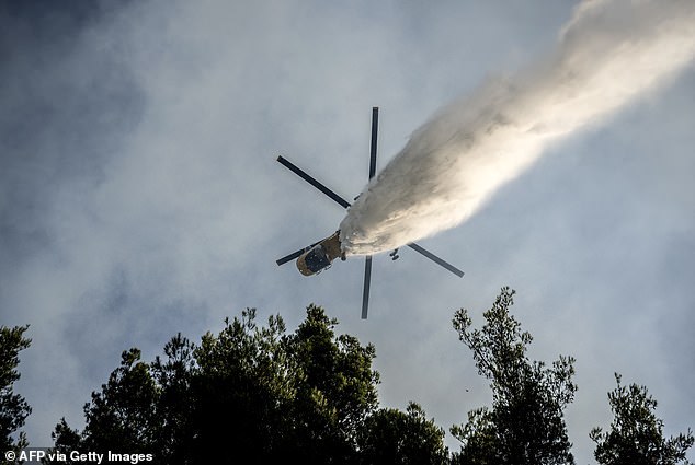 A firefighting helicopter drops water over a wildfire in the area of Porto Germeno, just 45 miles off Athens