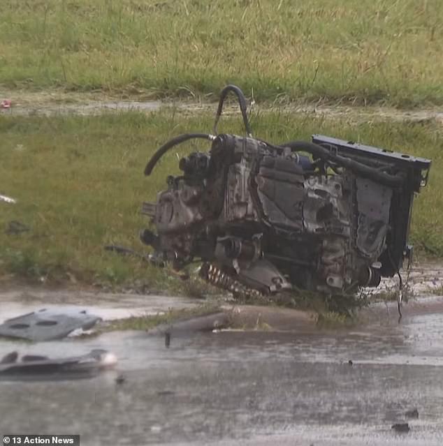 An engine also appeared to be lying on the side of the road following the incident after the crash