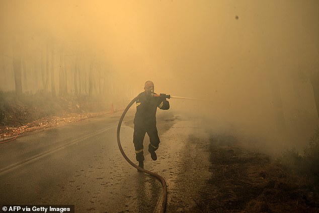 A Greek firefighter tries to extinguish a wildfire in the area of Porto Germeno, some 45 miles northwest of Athens