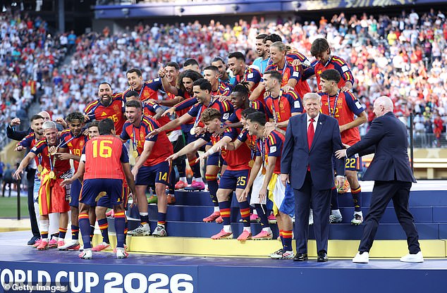 Trump’s presentation of the World Cup trophy alongside FIFA president Gianni Infantino to champions Spain last month was described as awkward