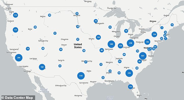 A map showing the roughly 4,600 data centers in the US. Virginia has the most, with 641, while California falls in third place with 294