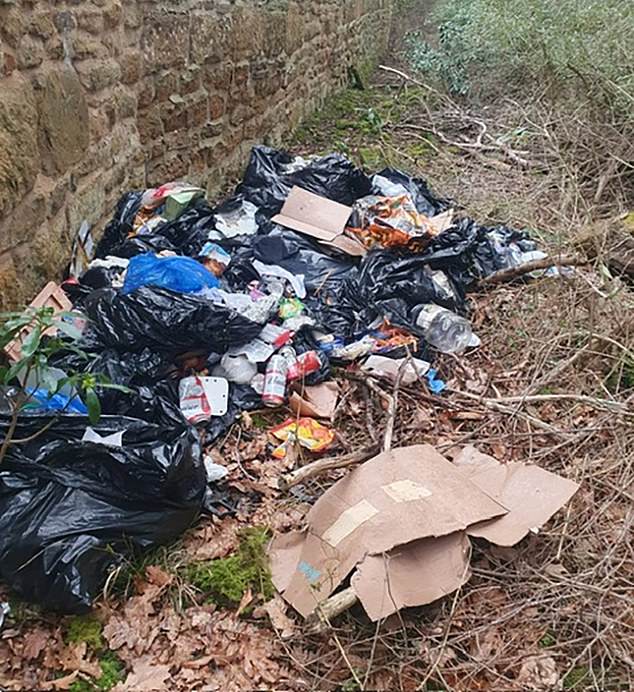 Ripped open binbags spill rubbish on to the ground, including empty beer cans and cardboard boxes