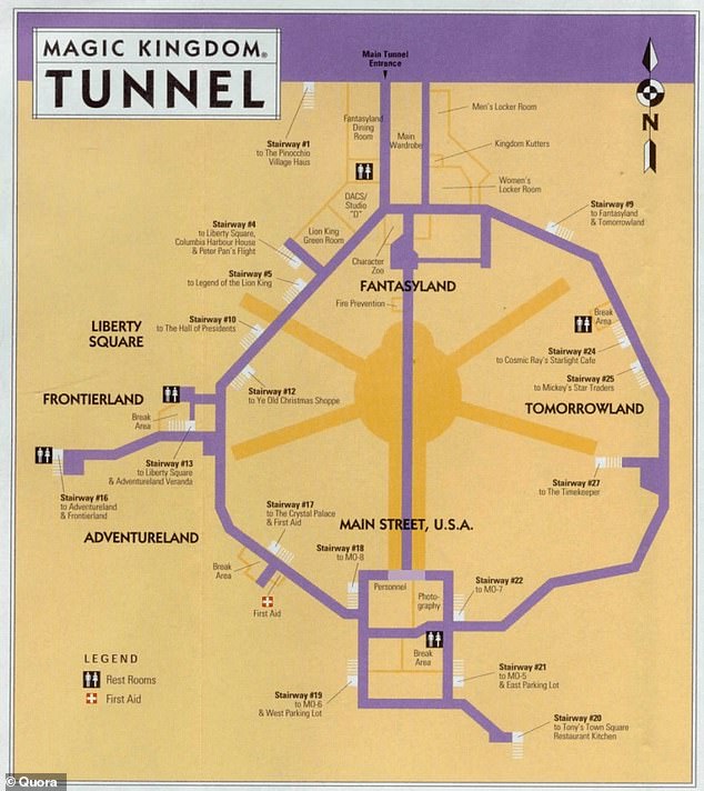 Disney's underground system includes administrative offices, costume storage, a cast-member hair salon called Kingdom Kutters and the employee cafeteria