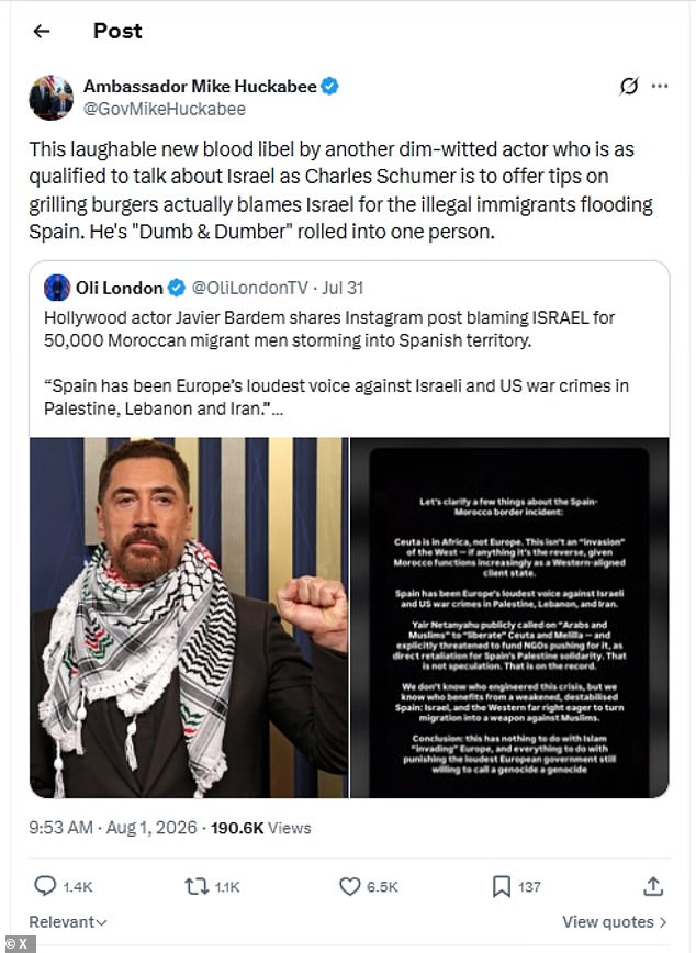 US Ambassador to Israel Mike Huckabee slammed the actor on X, calling him 'dim-witted'