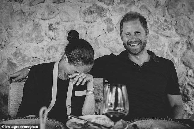 Meghan uploaded a series of pictures online captioned 'Summer Holiday' - including a black and white snap with husband Harry