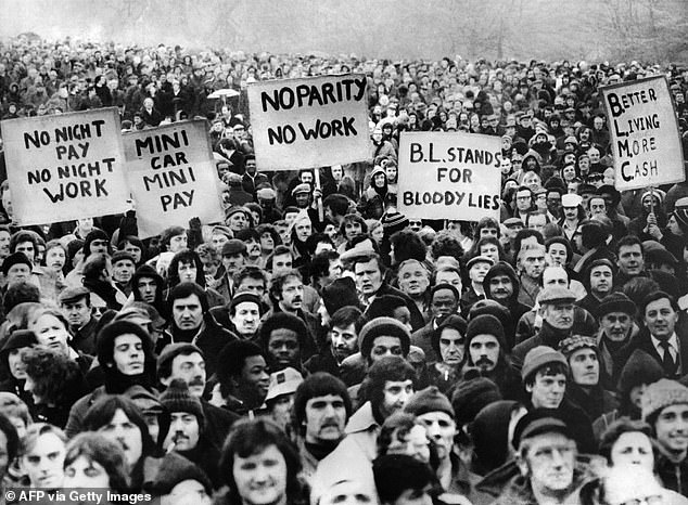 The PM must ditch Labour's workers' rights reforms or risk sending Britain back to the 1970s, Tories warned (Pictured: British Leyland workers from Longbridge plant demonstrate in 1979)